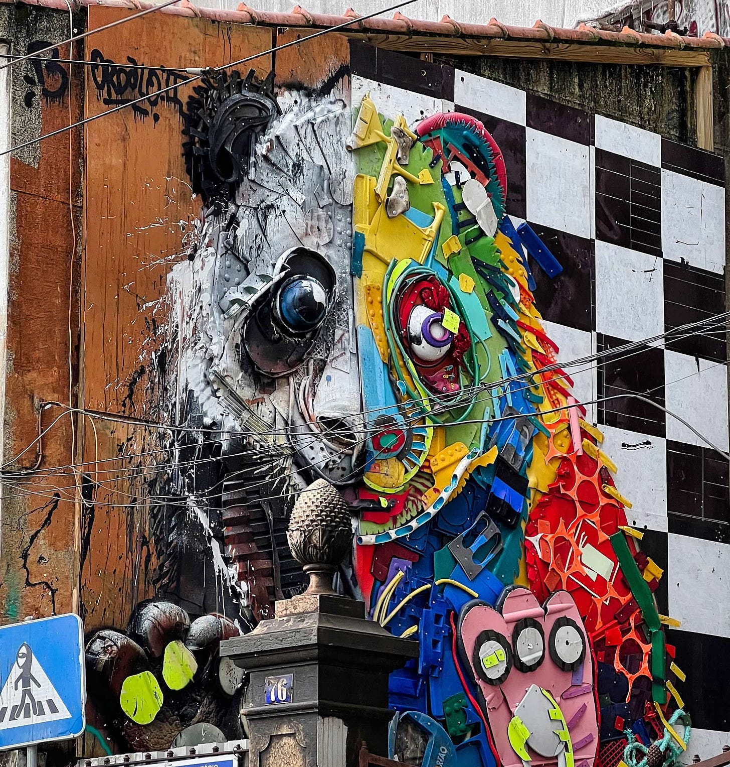 street art of a panda made from bits of plastic and trash. The panda's face is divided in half: on one side, it's black and white. On the other, it's brightly colored in green, blue, red, yellow, and orange.