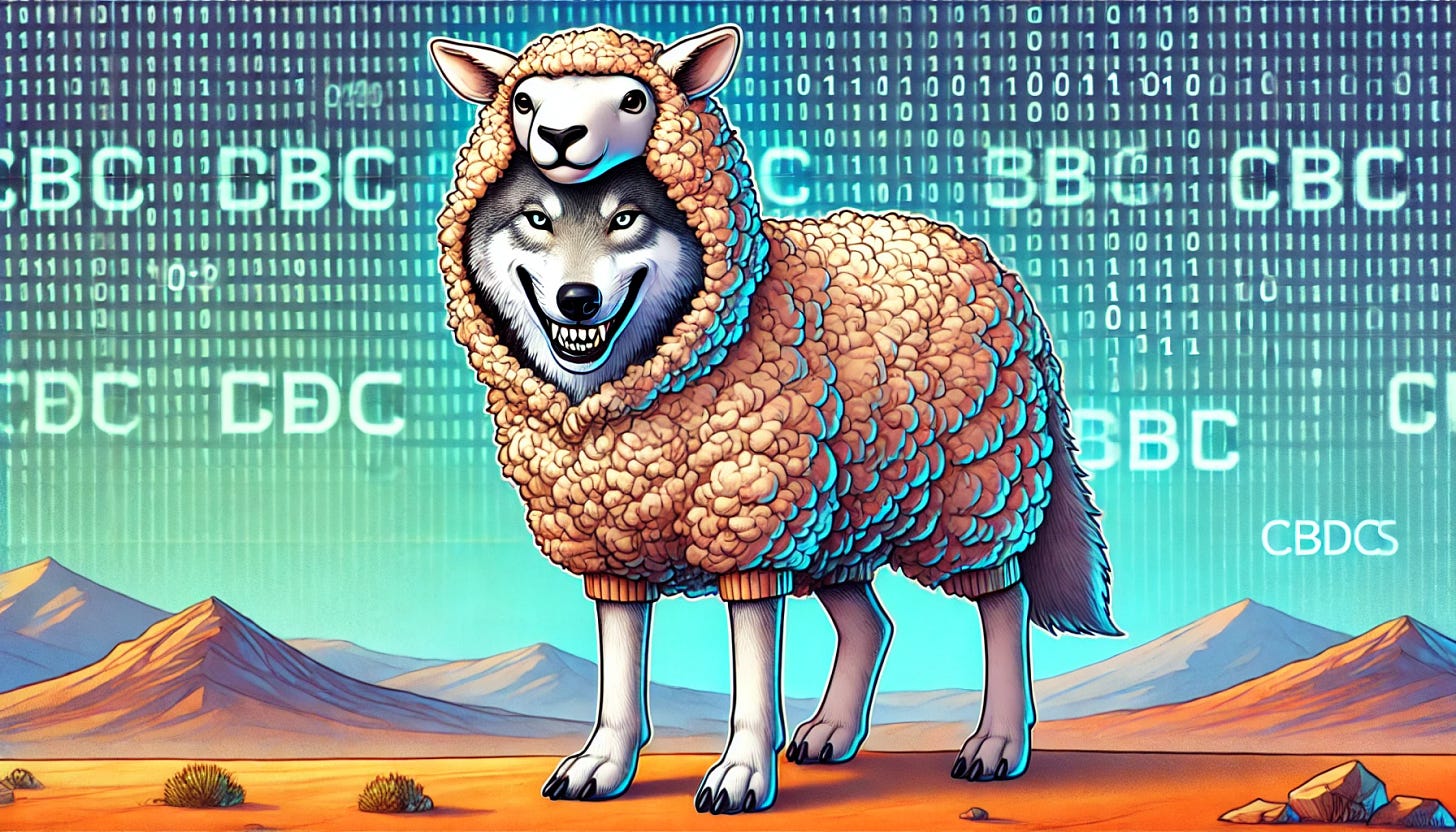 A symbolic 16:9 illustration depicting Central Bank Digital Currencies (CBDCs) as a wolf in sheep's clothing. The wolf is partially disguised in a poorly fitted sheep costume, with its sharp eyes and teeth visible, exuding a sense of deceit and danger. The background is a digital-themed landscape with binary code patterns subtly integrated into the setting. The overall tone is satirical and ominous, highlighting the hidden dangers and control mechanisms behind the friendly facade of CBDCs.