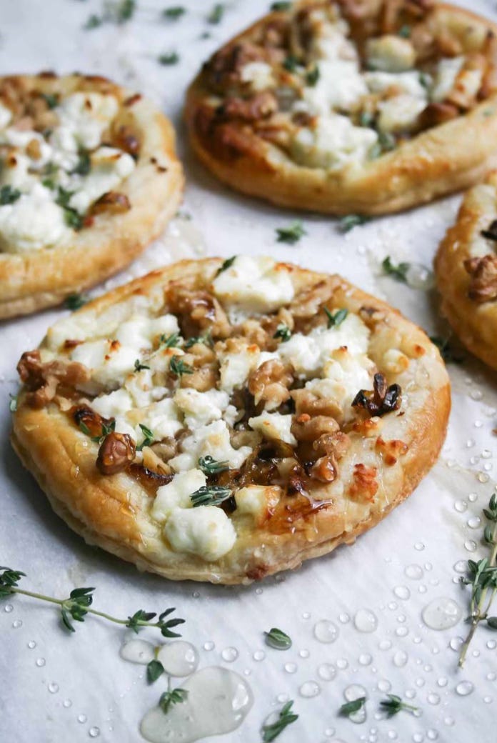 goat cheese tarts with walnuts, thyme, and honey