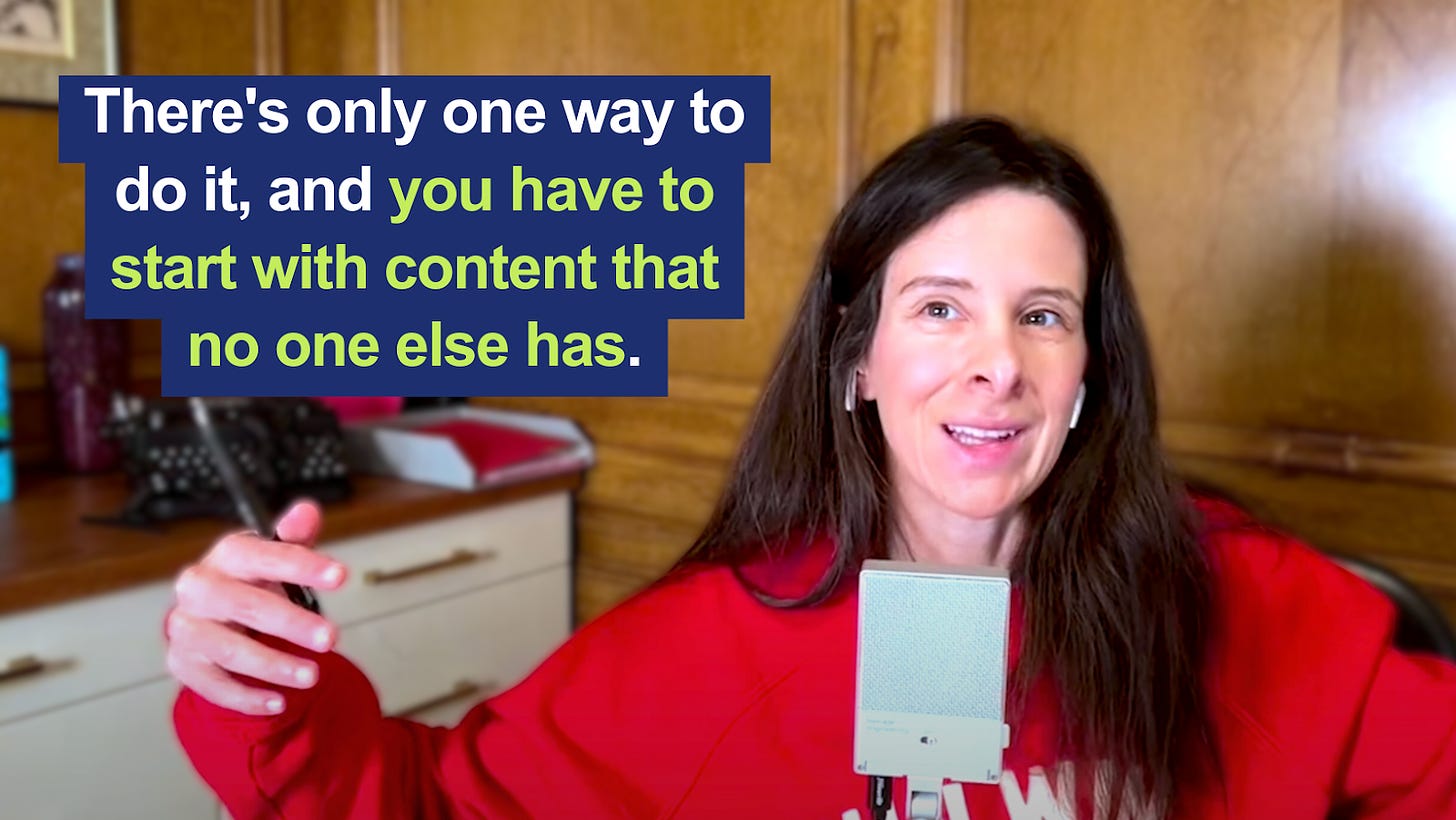 Jessica Lessin sits in a room with wooden paneling, speaking into a microphone. She is wearing a red sweatshirt, gesturing with one hand. Overlaid text reads: "There's only one way to do it, and you have to start with content that no one else has." The image is a screenshot from the More or Less podcast. 