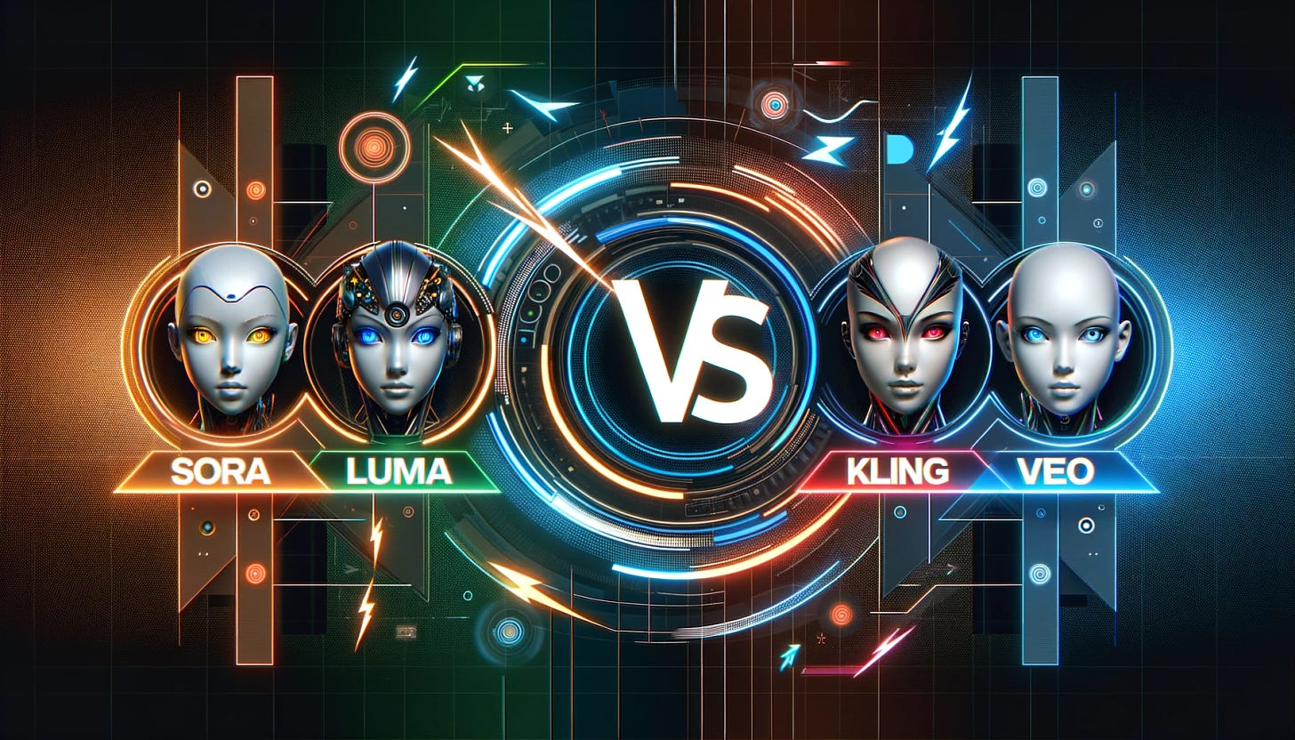 A 16:9 image showing a competitive 'VS' layout featuring the names of AI models: SORA, LUMA, KLING, and VEO. Each name is displayed prominently with dynamic visual elements like lightning, arrows, or contrasting colors to emphasize the competition. The background is modern and sleek, with a gradient design. 'VS' is centrally positioned and bold, creating a dramatic effect. The names SORA, LUMA, KLING, and VEO are placed around 'VS' in a way that suggests a head-to-head competition.