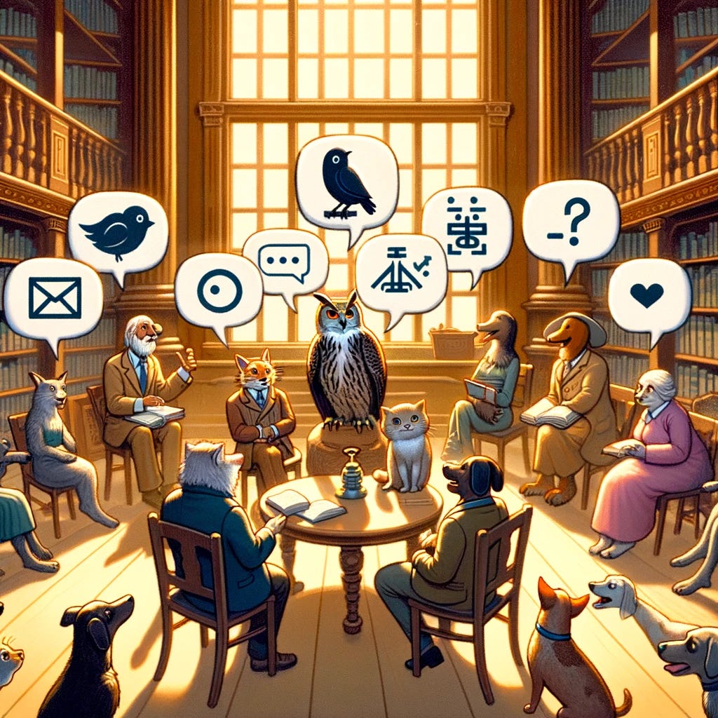 A lively discussion depicted as an animated scene, where a diverse group of animals, including a wise owl, a curious cat, and an attentive dog, are gathered around a classic library setting, each with a speech bubble showing symbols of various communication methods (speech, text, symbols). The atmosphere is warm and inviting, emphasizing the importance and universality of communication across different mediums and species.
