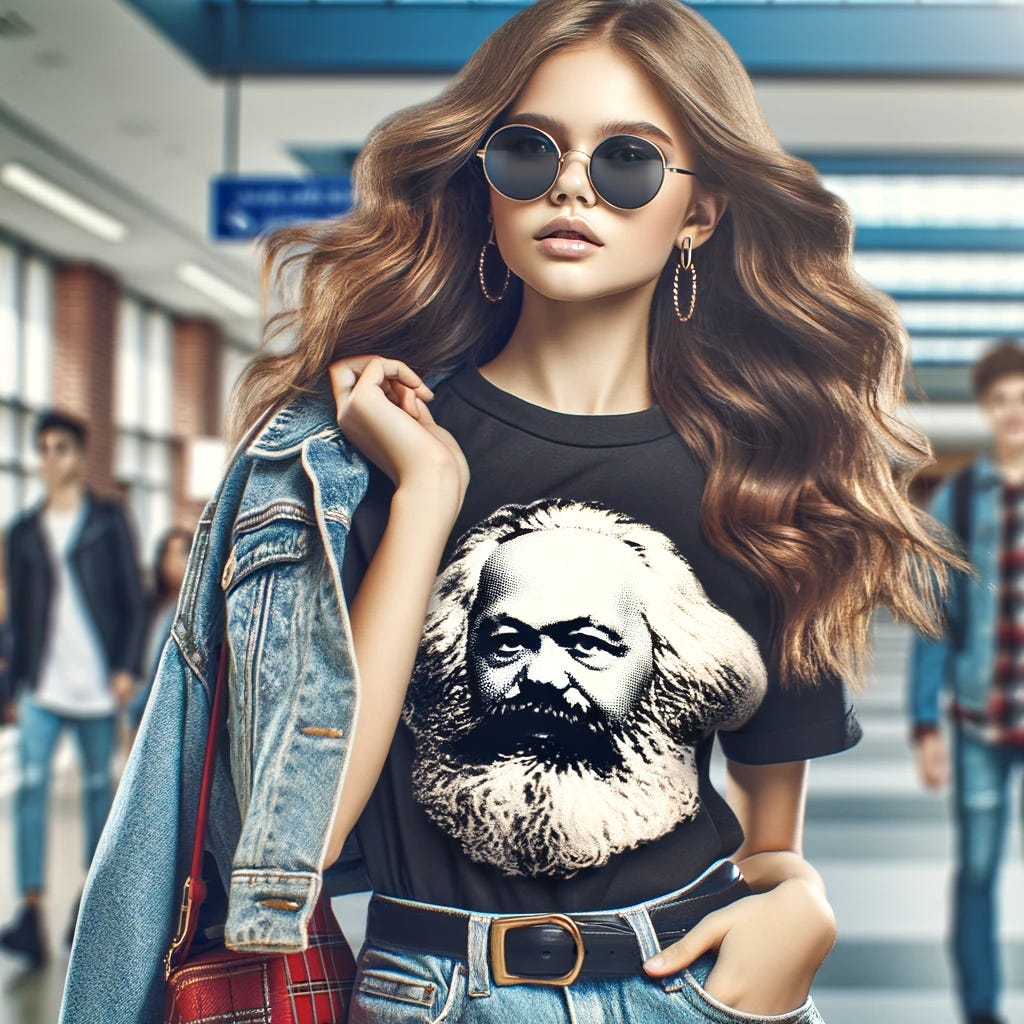 A hip, popular teenage girl wearing a t-shirt with Karl Marx's face on it stands confidently in a high school setting. She embodies a trendy style, complete with fashionable accessories, a stylish hairstyle, and sunglasses. The background reflects a modern high school environment, emphasizing her trendy appearance and the distinct Karl Marx t-shirt she's wearing.