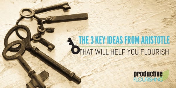 Textured cream-colored surface with a ring of old-style keys. Text overlay: The 3 Key Ideas from Aristotle That Will Help You Flourish