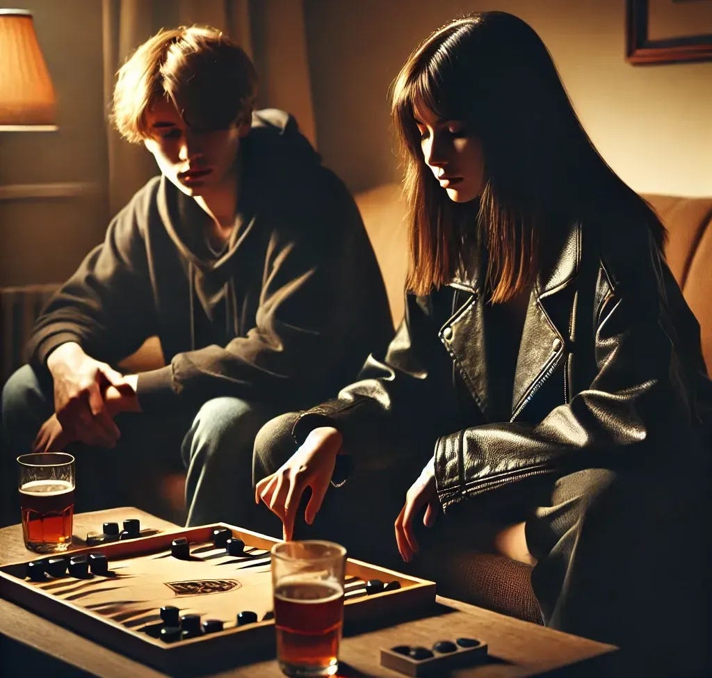 A dimly lit living room scene where a teenager and his girlfriend sit on a couch playing backgammon. The girl has a subtle goth vibe, wearing a leather jacket, with dark hair and a slightly edgy style. Two beers are sitting on a coffee table in front of them. The lighting is warm and low, casting soft shadows, creating a cozy and intimate atmosphere in the room.