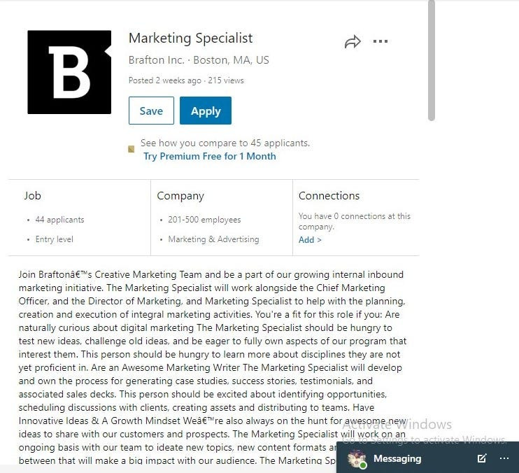A screenshot of a job listing on LinkedIn, posted by an advertisement company and utilizing a difficult-to-read wall of text