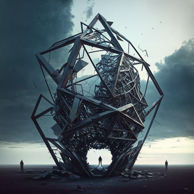 “The various scaffoldings and structural framework of ego. Make very complicated and slightly dystopian except the top portion with shiny metal shards.”