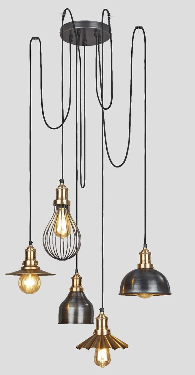 selection of 5 different light shades inspired by the industrial theme, gathered as a chandelier pendant