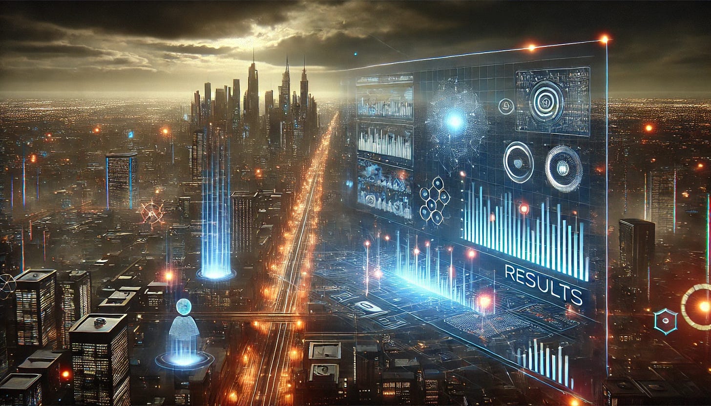 A dramatic and thought-provoking horizontal digital art landscape in a cyberpunk style, designed for a results section of an AI security blog. The scene includes a high-tech digital interface floating mid-air, displaying analytical data and patterns with glowing graphs and charts. The holographic AI assistant, now in a neutral blue hue, is pointing towards the interface, symbolizing the presentation of information. The background remains a cyberpunk cityscape with illuminated skyscrapers and a dark atmosphere, evoking a futuristic and secure theme. No text in the image.