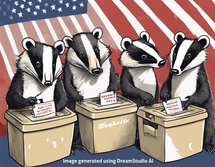 AI generated cartoony image of badgers placing their ballots in ballot boxes, with a stars and stripes pattern in the background.
