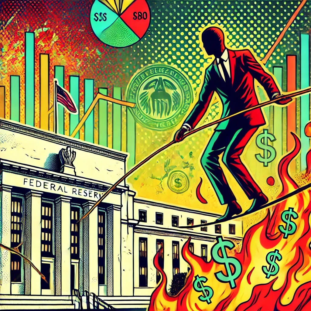 A vibrant pop-art style illustration in a 1920x1080 horizontal format, depicting inflation and the Federal Reserve in a dramatic economic scenario. The image shows a tightrope walker balancing precariously above a fire, symbolizing inflation. In the background, the Federal Reserve building with dollar signs and graphs indicating financial instability. The overall composition is bold, dynamic, and uses a colorful palette of red, green, and yellow, emphasizing tension and urgency in the economic theme.