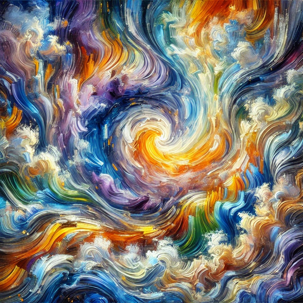 An abstract impressionist oil painting with thick, expressive brush strokes representing the theme of detoxification and toxin release. The composition features swirling, vibrant colours like deep blues, purples, and greens to symbolise stored toxins in fat cells. Bright, warm tones like golden yellows, fiery reds, and oranges radiate outward, evoking the energy and process of niacin-induced lipolysis and far infrared sauna therapy. Dynamic, flowing patterns suggest movement and transformation, with softer, calming hues like pastel blues and whites interwoven to symbolise health, clarity, and renewal. The overall mood is one of rejuvenation and balance, inspired by scientific innovation and health impact.