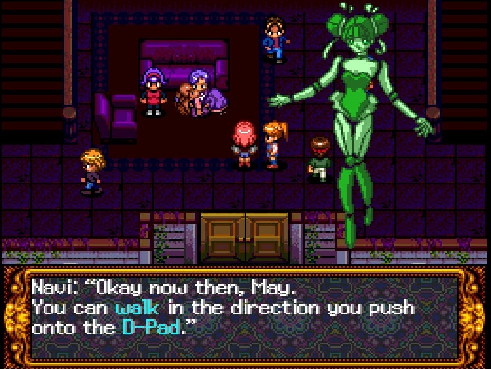 A screenshot showing various sprites in the dark in the mansion, following the fainting of one character. Navi, the holographic assistant, is speaking, so her large character portrait is visible. In the dialogue box, she's saying, "Okay now then, May. You can walk in the direction you push onto the D-Pad."