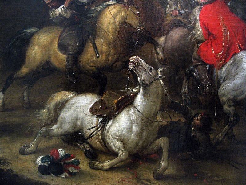 The Great Economic Collapse symbolized in four fallen horses in battle