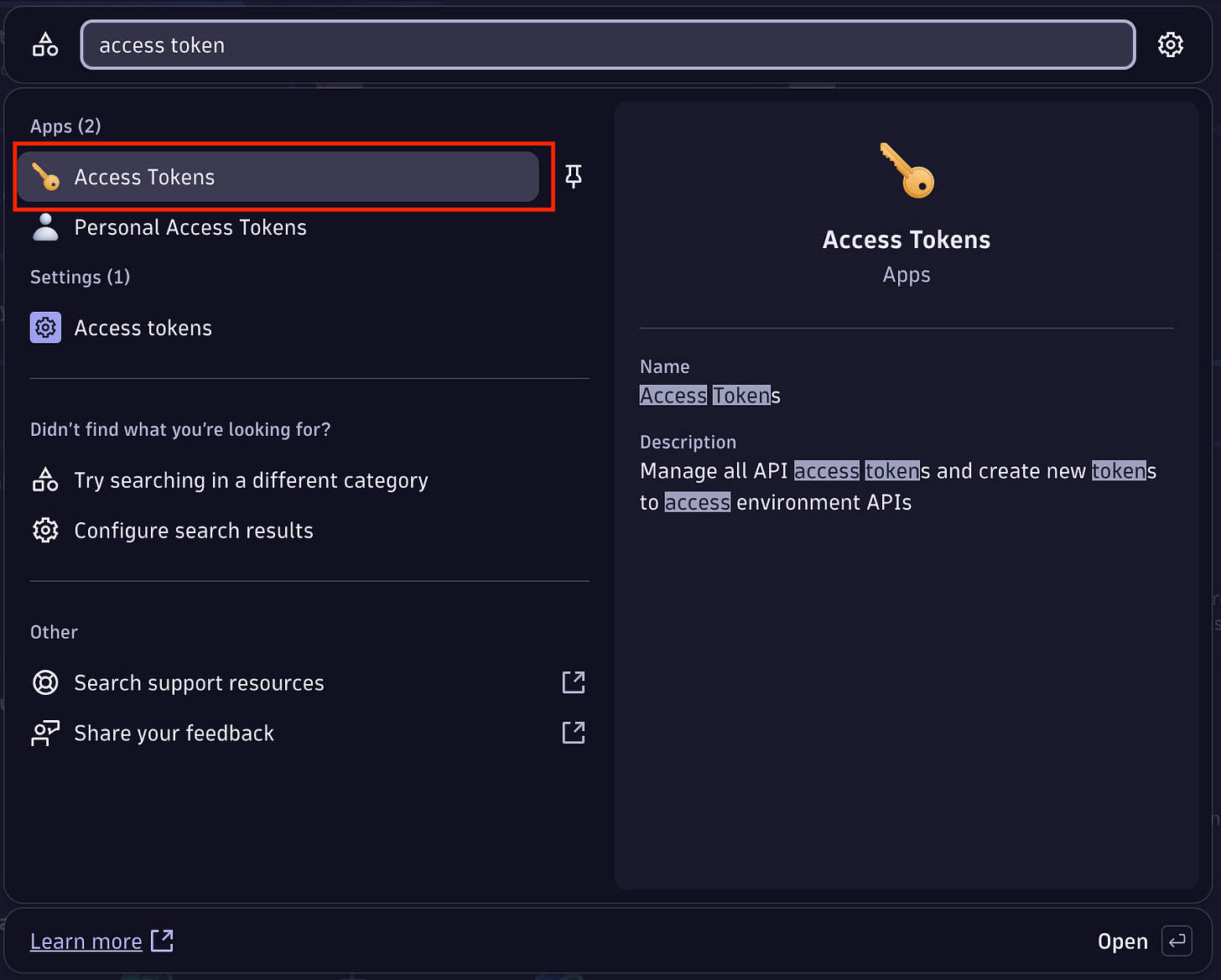 Dynatrace search screen with “access token” search term. Access Tokens shows at the top of the search results.