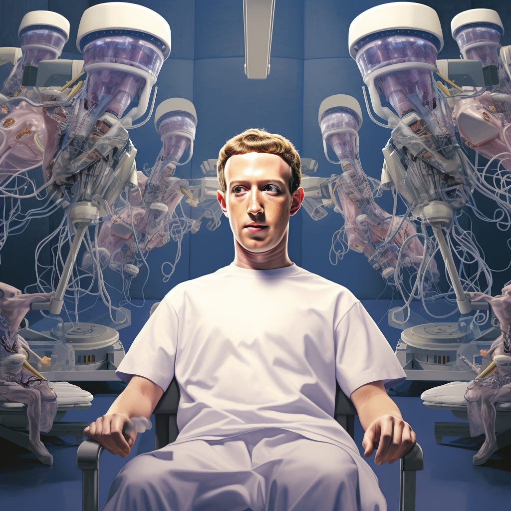 Mark Zuckerberg sits pensively in a futuristic room with looming vaguely organic medical devices surrounding over him
