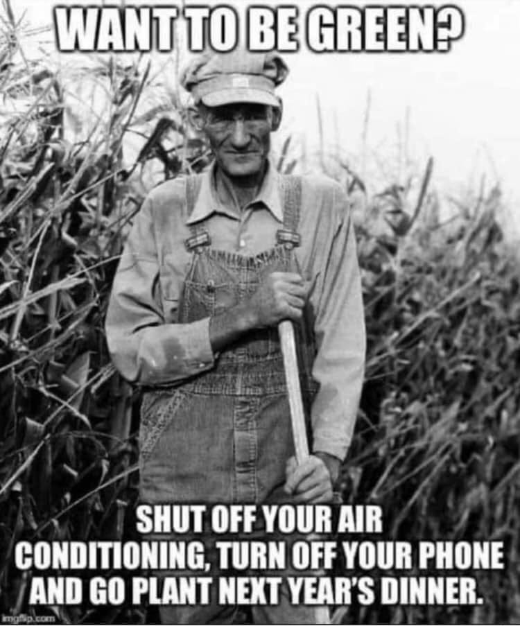 May be an image of 1 person, phone and text that says 'WANT TO BE GREEN? SHUT OFF YOUR AIR CONDITIONING, TURN OFF YOUR PHONE AND GO PLANT NEXT YEAR'S DINNER.'