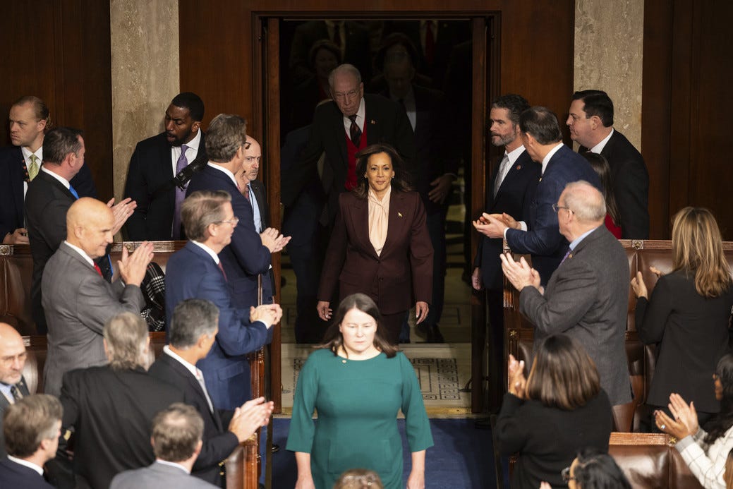 Vice President Kamala Harris arrives to preside over a joint session of Congress.