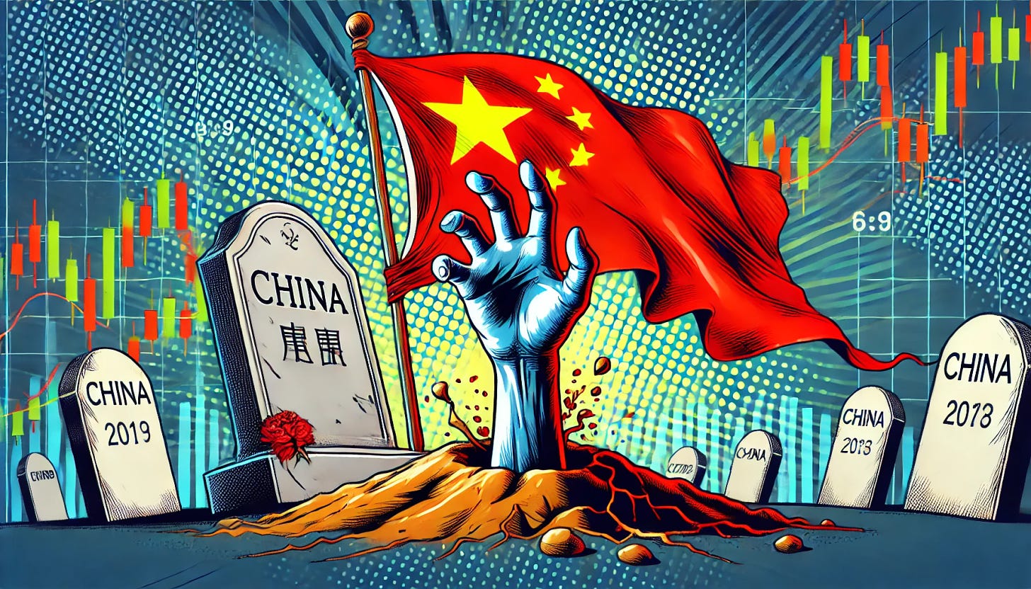 A pop-art style illustration showing a grave with the Chinese flag draped over it, and a zombie hand emerging from the ground. The scene should feel dramatic, with vibrant colors and dynamic elements, capturing the concept of 'China Resurrecting in the Stock Market.' The tombstone and flag should be prominent, and the hand reaching up symbolizes the resurgence of China. The background should reflect a financial theme with subtle stock market charts or symbols, keeping the overall image within a 16:9 format.