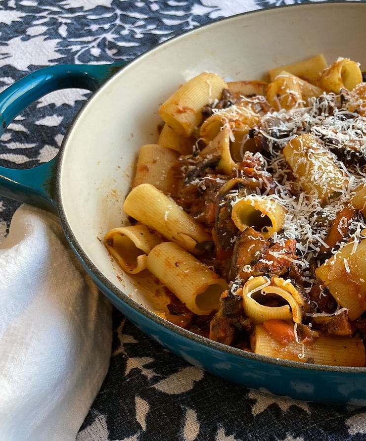 The charred vegetables in this ragù makes for a deep, smoky, earthy flavor and heft that surpasses any meat sauce.