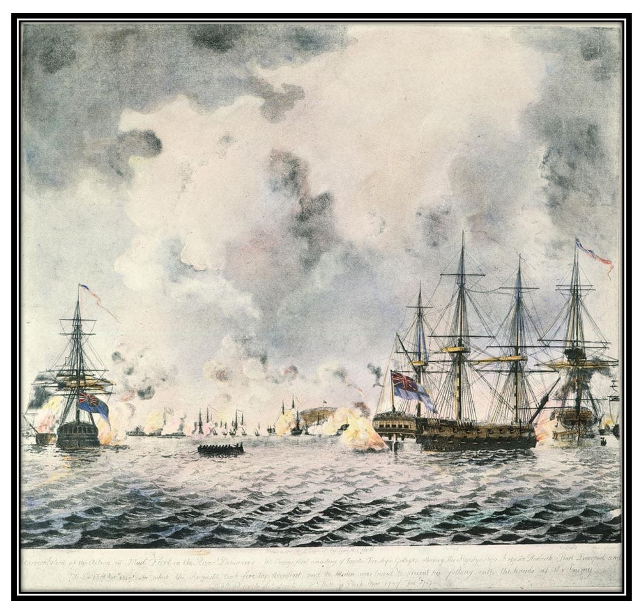 "Representation of the action off Mud Fort in the River Delaware" by William Elliot