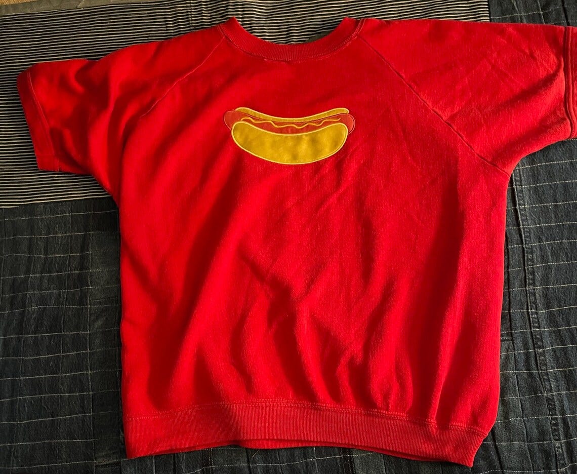 Werewolves On Fire Presents Vintage Red Short Sleeve Sweatshirt Upcycled with Handmade Satin Hot Dog Appliqué image 1