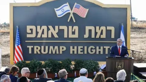 AFP Israeli Prime Minister Benjamin Netanyahu gives a speech before the newly-unveiled sign for the new settlement of "Ramat Trump", or "Trump Heights"