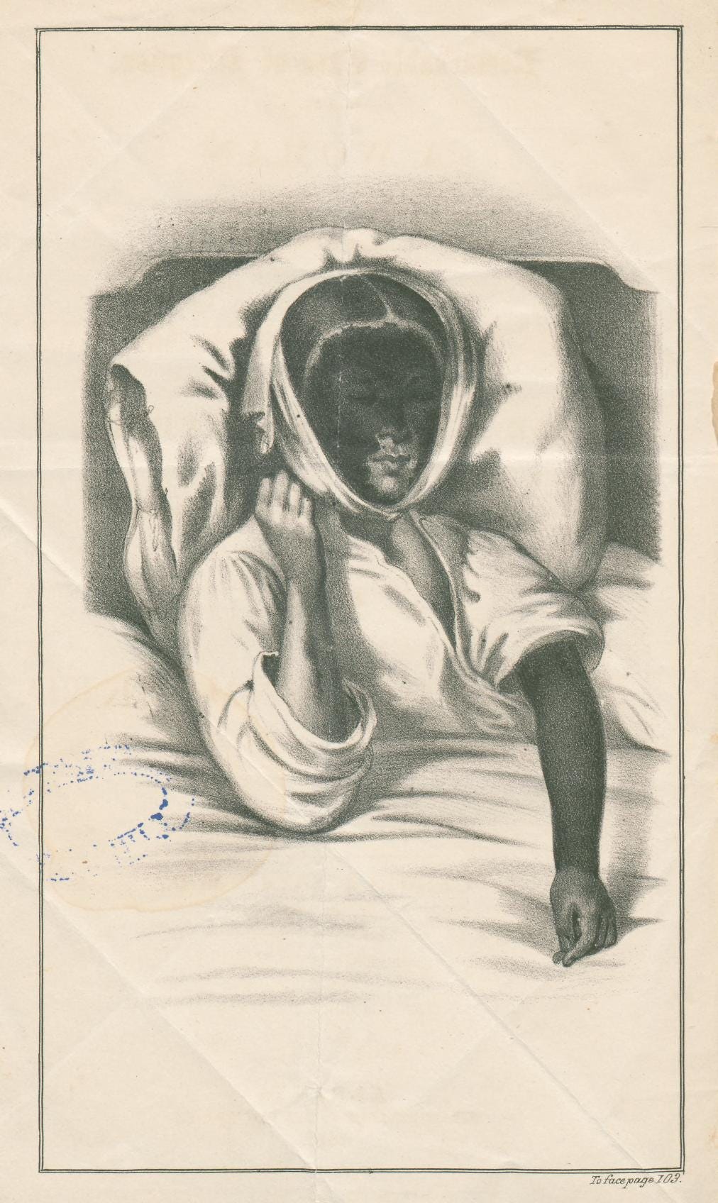 A drawing of a woman sitting up in a bed, surrounded by white linen. She has her eyes closed and her face and left arm are a dark colour, apart from the area around her lips, which shows lighter skin.