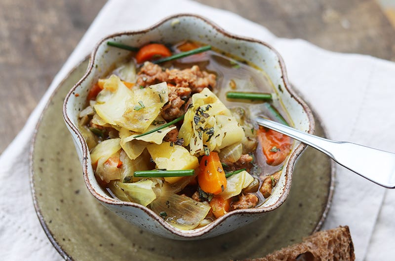 Comforting Cabbage Soup with Linguica, Yukon Gold Potatoes and Fall Herbs, Cook the Vineyard