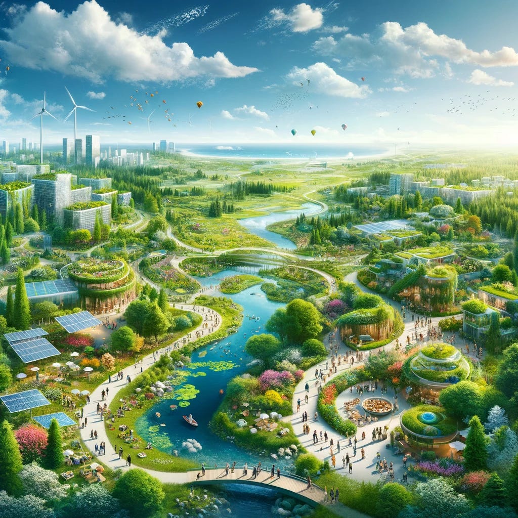 A serene and hopeful depiction of a better world, where harmony between nature and human innovation thrives. This vision includes a lush landscape abundant with greenery, trees, and blooming flowers, under a clear blue sky with a few fluffy clouds. In the midst of this natural beauty, sustainable and eco-friendly technologies are seamlessly integrated: solar panels and wind turbines blend into the environment, providing clean energy. Communities are connected by pathways surrounded by vegetation, encouraging walking and cycling over car use. Buildings, designed with green roofs and living walls, dot the landscape, illustrating a commitment to sustainability and reducing the carbon footprint. People of diverse backgrounds gather in communal spaces, sharing stories, food, and laughter, symbolizing unity and peace. In the background, clear rivers and clean air signify a successful commitment to environmental restoration and preservation.