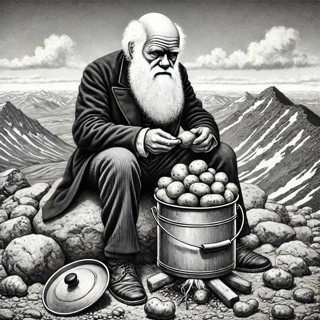 A black and white, humorous and whimsical scene depicting a character resembling Charles Darwin on the top of a mountain, trying to eat raw potatoes directly from a pot. The character has features similar to Charles Darwin, including a long white beard, a serious, contemplative expression, and Victorian-style clothing with a dark suit and high collar. The scene includes a rocky mountain peak, a rustic pot filled with unpeeled potatoes, and a clear sky with distant mountain ranges in the background. The style is slightly exaggerated and cartoonish.