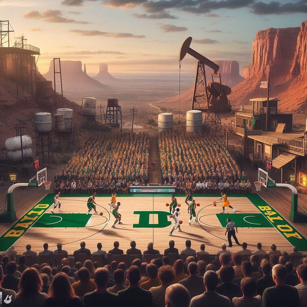 BYU and Baylor playing a basketball game in the middle of a Texas oil field