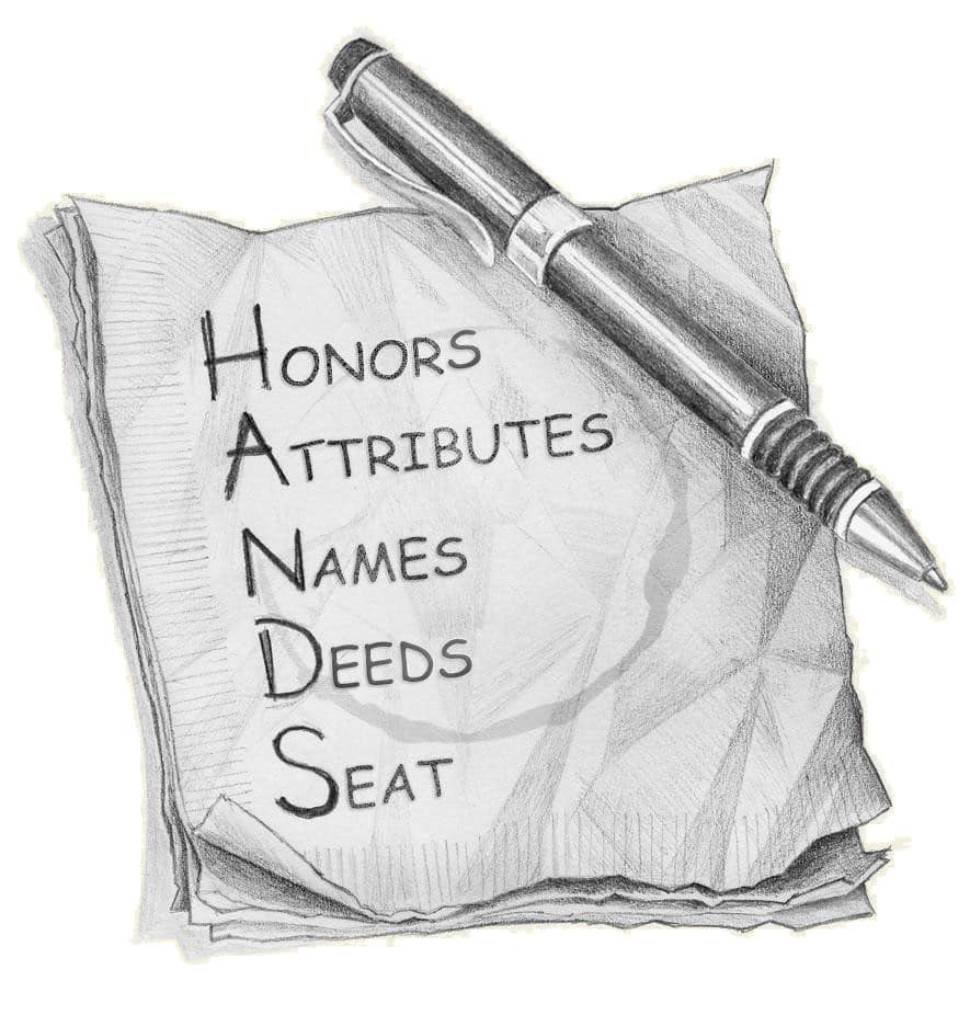May be an image of text that says "酒 HONORS ATTRIBUTES NAMES DEEDS SEAT"