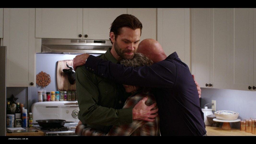 Jared Padalecki hugging abby and bonham Mitch Pileggi hard on Walker set 3.16.,