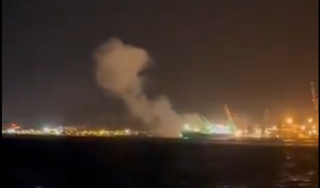 Screengrab shows a plume of smoke rising following a drone explosion in Eilat targeting the port on Wednesday, September 25, 2024 (social media)