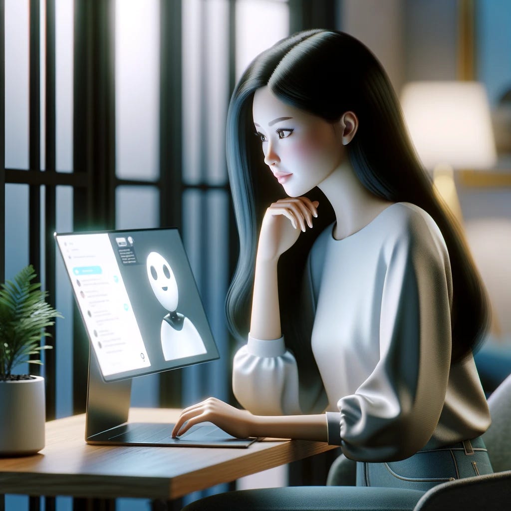 A digital artwork of a young Asian woman sitting at a modern desk, intently looking at her laptop screen which displays a chatbot interface. The room is softly lit with ambient lighting, and there's a potted plant on the desk. The woman has long black hair, wears casual attire, and exhibits a thoughtful expression. The laptop screen shows a friendly chatbot avatar, designed to look simplistic and inviting, engaging in conversation.