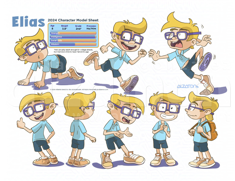 Character design model sheet of Elias for 2024