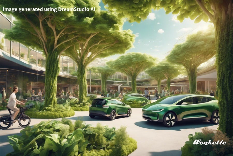 AI generated image of a futuristic shopping center constructed among lush green trees and vines, with electric vehicles and ebikes parked outside. 