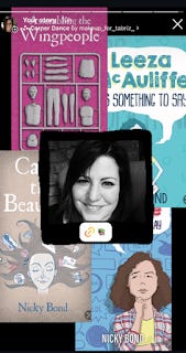 There are four book covers in the background, equally divided into the four quarters of the screenshot. They're all by Nicky Bond. In the centre, where the covers meet, there's a black and white photo in a frame of the author. Then, on the frame, there's a link to the books. Because of the colourful nature of the covers, and the contrast with the black and white author photo, it's striking and attractive.