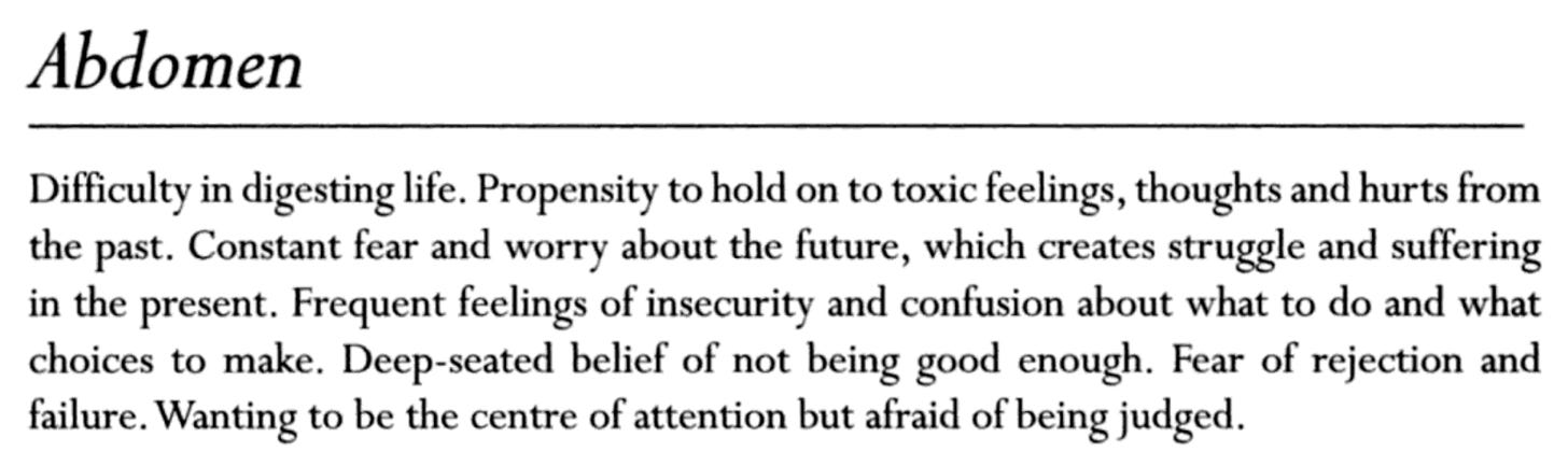 Screenshot of a segment from The Secret Language of Your Body by Inna Segal on abdominal issues, describing how digestive problems can be caused by holding on to toxic thoughts and feelings from the past and worries for the future