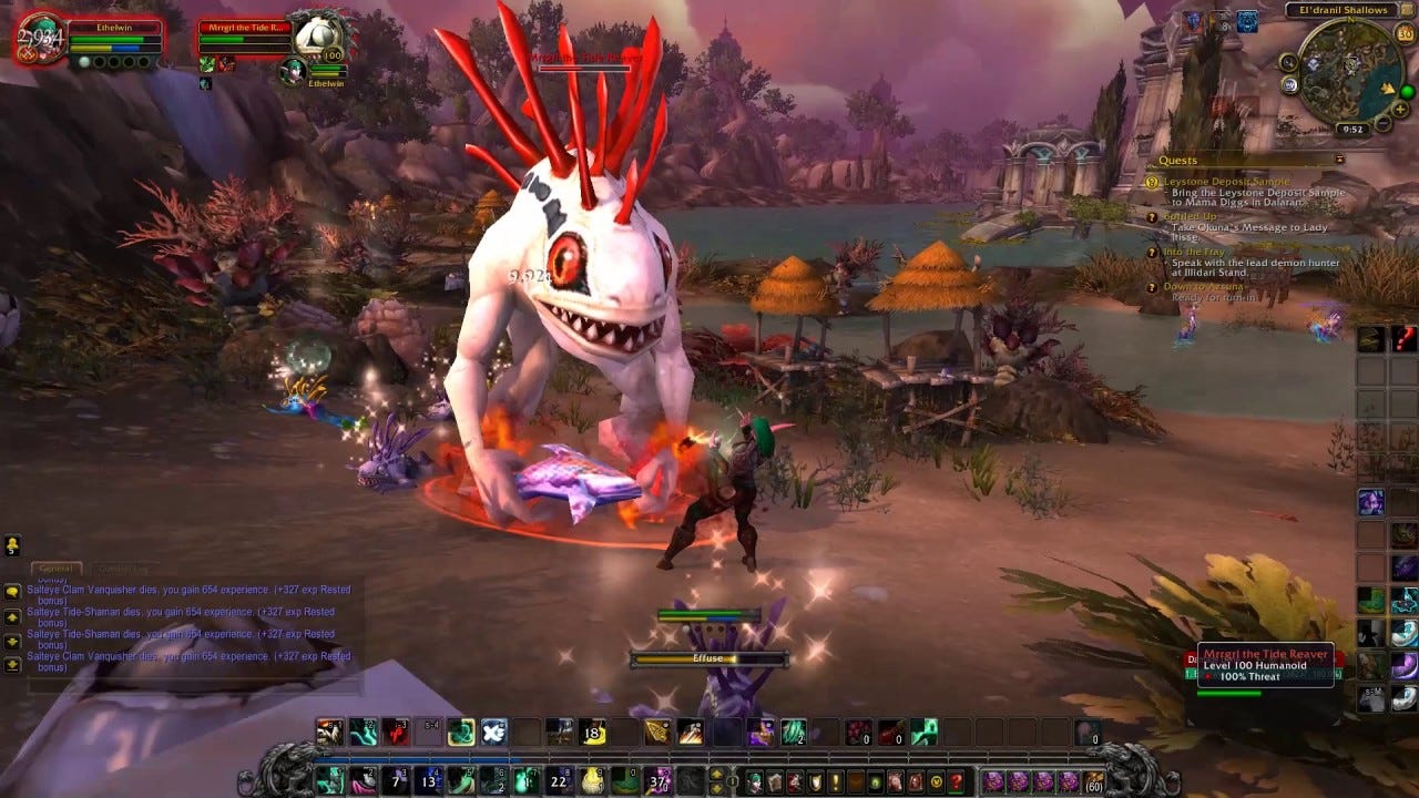 A screenshot from World of Warcraft in which a female elf casts a spell against a freaky fish guy holding a fish like a club