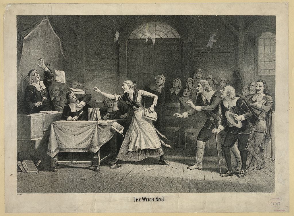 A witch throws books and papers at a bunch of dudes who are probably trying to hang her. Can you blame her? Image credit: Joseph E. Baker/Library of Congress