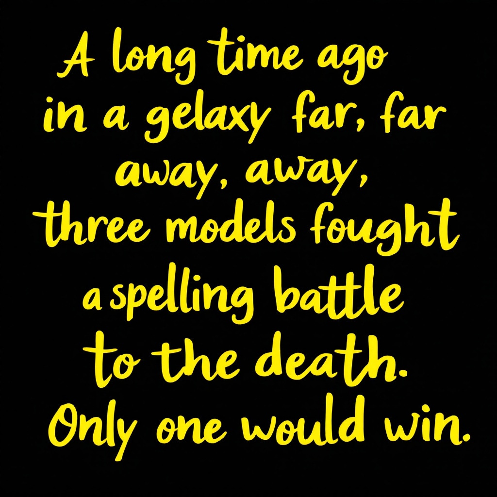 Yellow scrolling text against a black background: "A long time ago in a galaxy far, far away, three models fought a spelling battle to the death. Only one would win." by FLUX