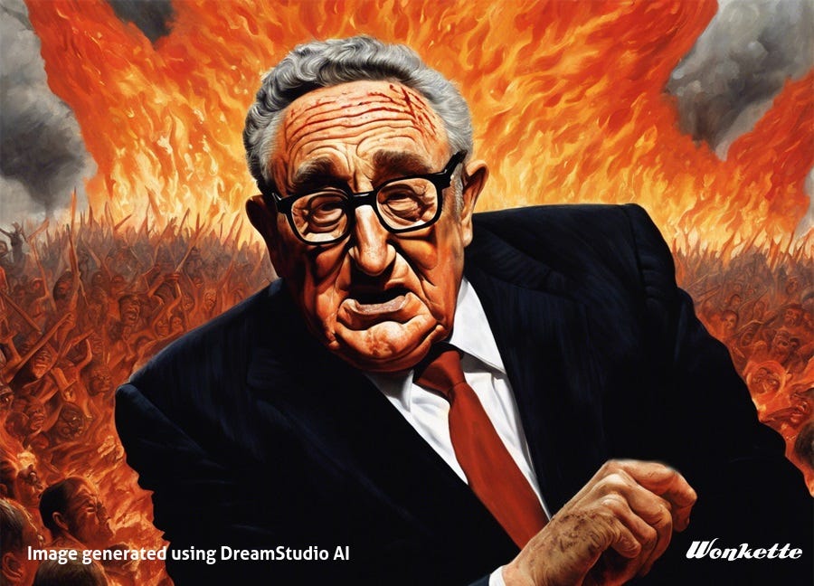 An AI-generated image of Henry Kissinger in hell, tormented by the millions of those whose deaths he was responsible. Wait, why are they in Hell? Don't overthink it
