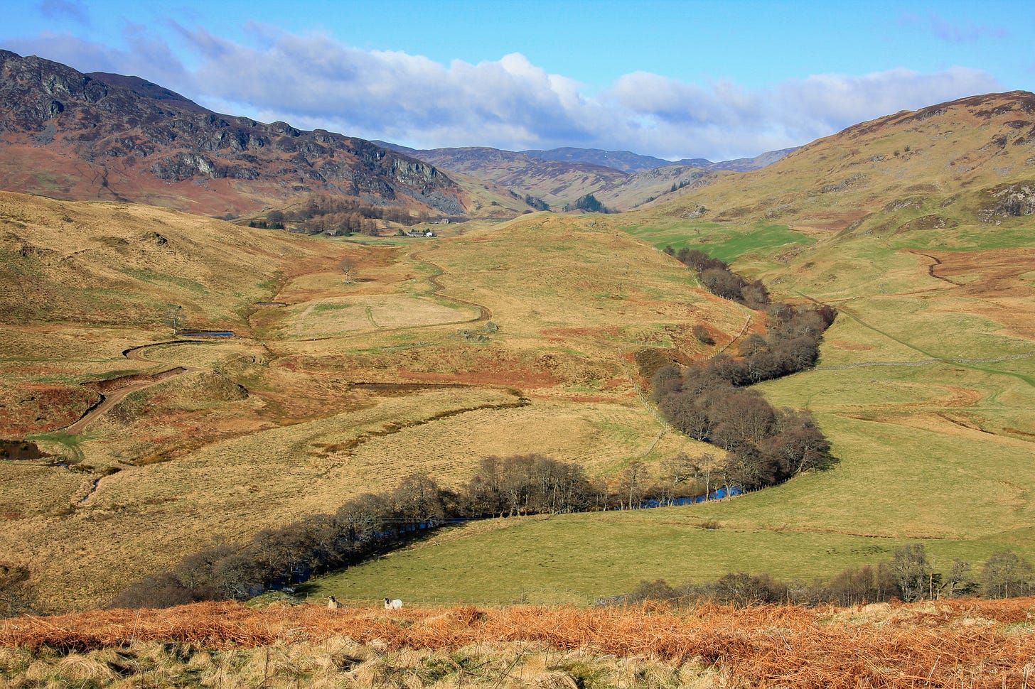 The right of way from Comrie to Loch Tay runs along the east side of the river and can be seen as a green line on the right of this picture © Felicity Martin The right of way from Comrie to Loch Tay runs along the east side of the river and can be seen as a green line on the right of this picture © Felicity Martin