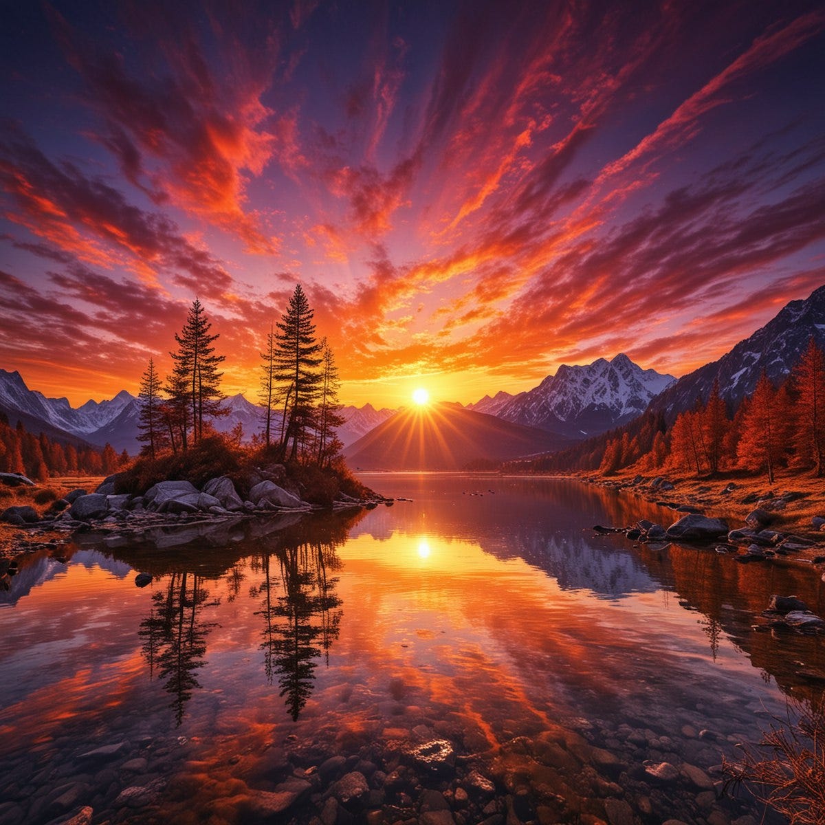 "The most beautiful sunrise ever seen with the sun visible fully, with mountains, Bright colors, vivid hues, amazing picture, water and trees, multicolored sky, an awesome, awe-inspiringly beautiful image."