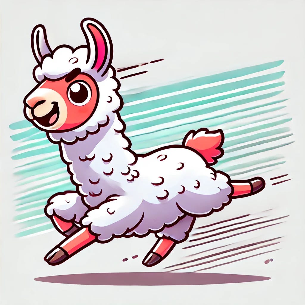 A cartoon-style image of a llama running. The llama should have a joyful and energetic expression, with exaggerated features to emphasize its cartoon nature. The background can be simple with some motion lines to indicate the llama's speed. The overall style should be playful and colorful.