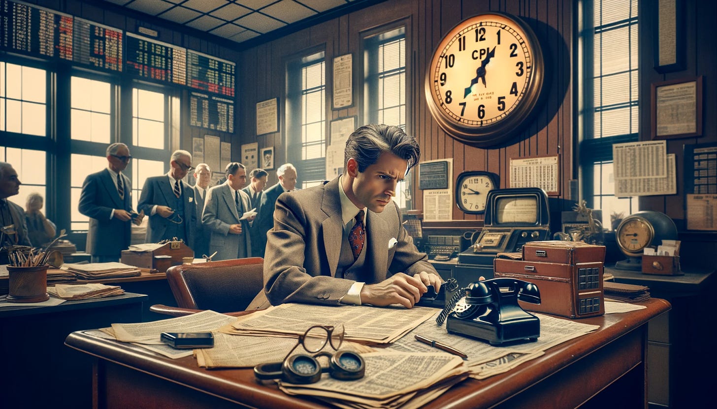 Create an image set in the 1950s, depicting a stock trader in an office, anxiously waiting for the Consumer Price Index (CPI) news release. The trader, dressed in a 1950s style suit, is sitting at a desk filled with papers and a vintage telephone, looking intensely at a large, round wall clock. The office has a retro vibe with vintage furniture and decorations. In the background, other traders and office workers are gathered around a radio, reminiscent of a 1950s classroom, listening eagerly for the news. The atmosphere is tense yet anticipatory, capturing the essence of waiting for crucial financial news in that era.