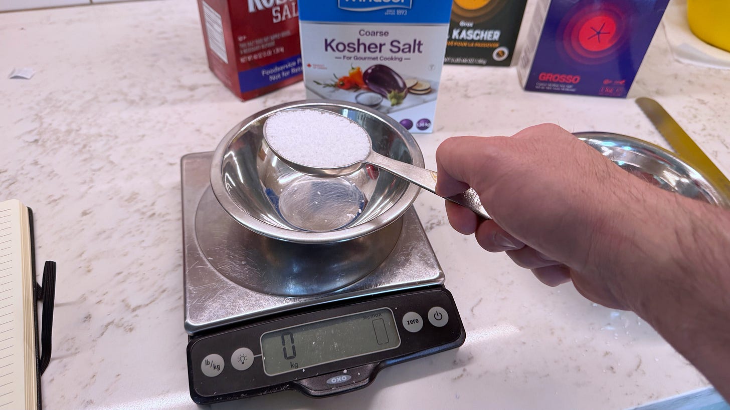 A hand about to tip a quarter-cup measuring spoon into a stainless steel bowl sitting on  a digital scale. In there background there are several different large boxes of salt. 