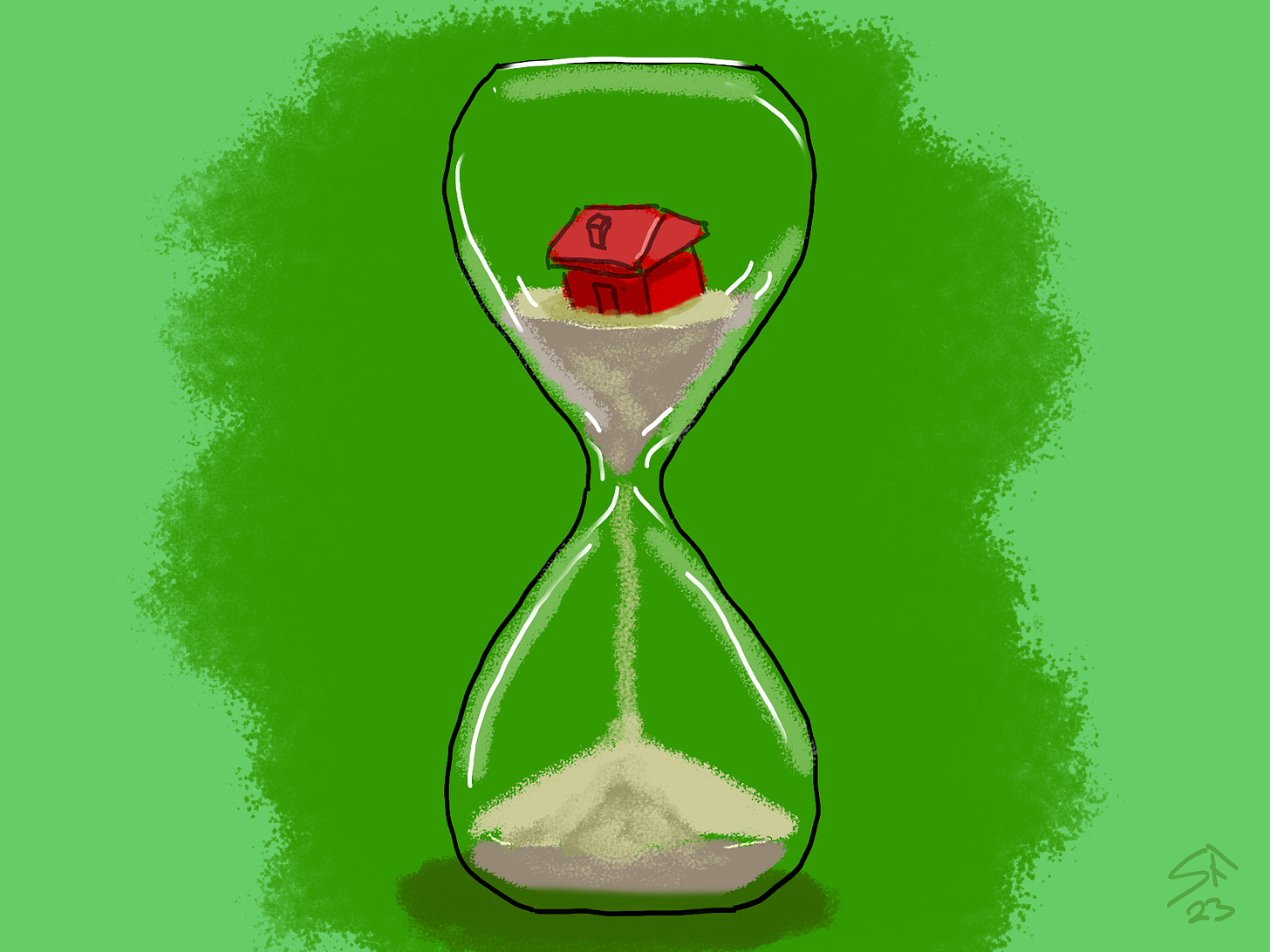 A cartoon hourglass, with sand running through. In the top half, a small red house, like a Monopoly piece, is falling into the neck.